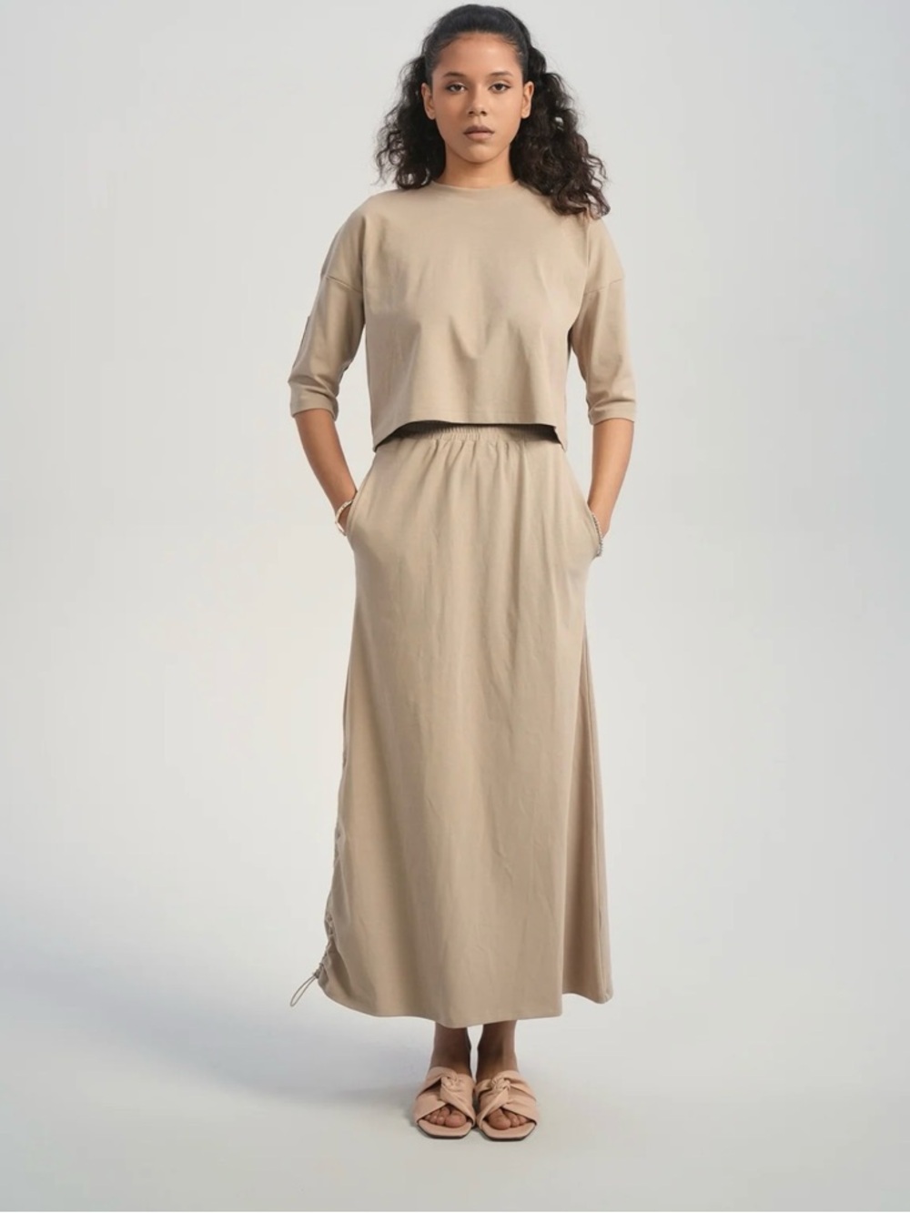 Aleeza Paris Beige Drawstring Side Ruched with pockets Maxi Skirt